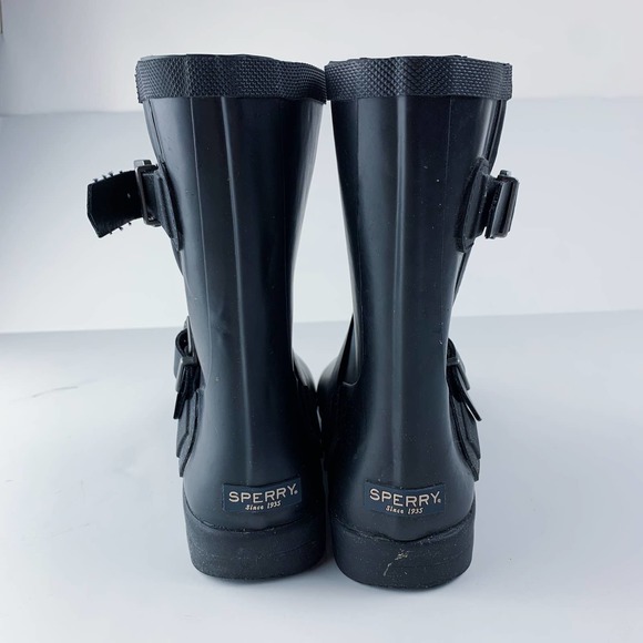 Sperry Black Buckle Waterproof Rubber Rain Boots 7 - Picture 4 of 9